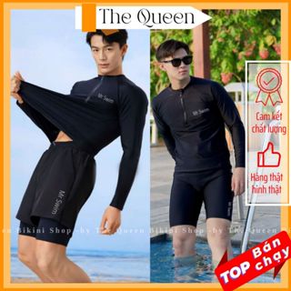 Đồ bơi nam Size M - 3XL đi biển màu đen Mr Swim áo dài tay & ngắn tay phối khóa kéo kín đáo quần đùi 2 lớp thể thao 039