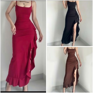  Đầm Body Dáng Dài Hai Dây Cổ Vuông Hở Lưng Gợi Cảm Xẻ Tà Viền Bèo Chất Thun Gân Thái Đầm Đi Chơi Đi Du Lịch Đi Tiệc 
