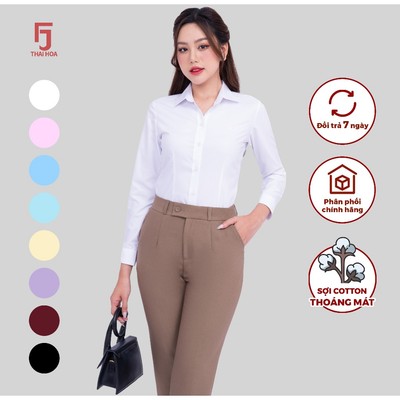[Livestream] Áo sơ mi nữ Thái Hòa R01 dài tay form ôm vải cotton trơn các màu