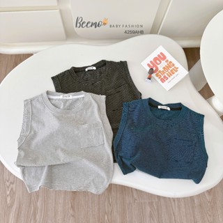 Beemo áo ba lỗ kẻ ngang phối túi vải cotton thoáng mát mặc đi học, du lịch cho bé trai từ 9-24kg 4259AHB