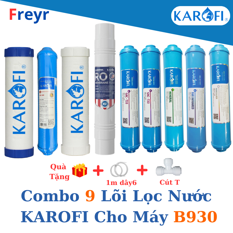 Combo 9 Lõi Lọc Nước Karofi Cho Máy B930 - Gồm 12OCB3, Màng RO 100GPD Mỹ, 2 T33 Mineral Far Nano