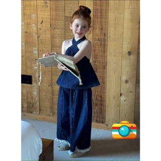 Đồ bộ bé gái, Bộ bò giấy cổ yếm hoa ngực sang xịn mix quần xuông bèo viền cho bé 10-30kg, Pam Kids