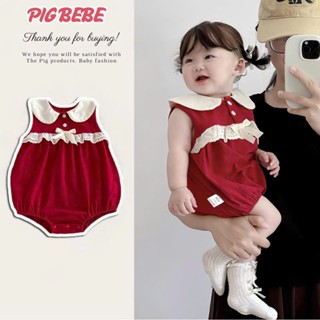  Bodysuit Cho Bé Gái Pig BeBe Body Chip Bé Gái Màu Đỏ Cổ Sen Phối Ren Cực Xinh Cho Bé Sơ Sinh Chất Cottom 100% Mềm Mịn 
