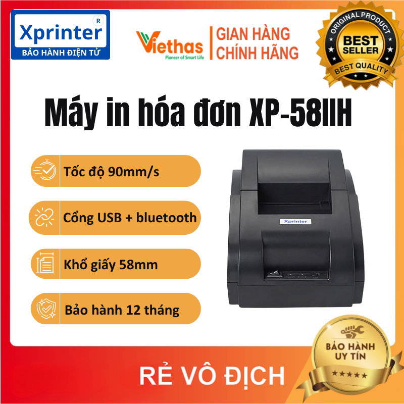 Máy in hóa đơn XPRINTER XP 58IIH Kết nối cổng USB + Bluetooth, in bill khổ K57 trên máy tính và điện thoại