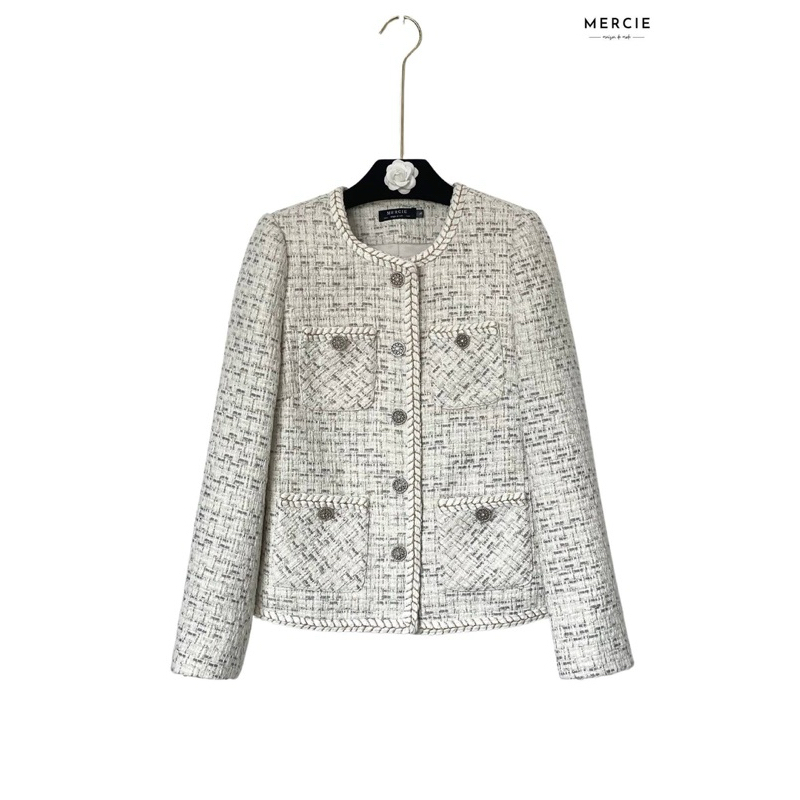 [ MERCIE ] ÁO DẠ TWEED MÀU TRẮNG 4 TÚI PHONG CÁCH NHẸ NHÀNG NỮ TÍNH