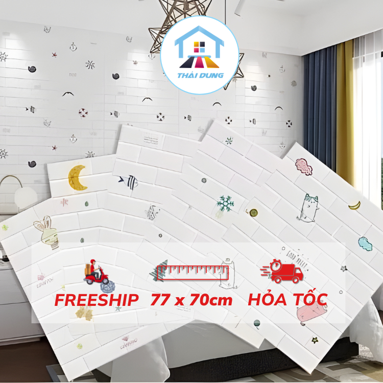 (Bộ 10 Tấm) Xốp Dán Tường Hoạt Hình Trẻ Em Cách Âm Cách Nhiệt khổ lớn 77cm x 70cm