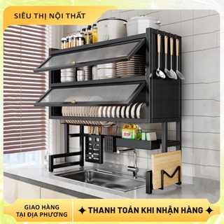 Kệ để chén bát thép chống gỉ cao cấp Giá để đồ chén đĩa đa năng có nắp đậy chống bụi thoát nước