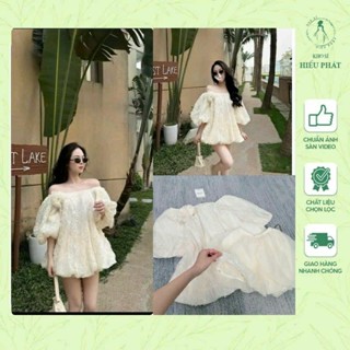 Set áo ren hoa lưới nổi kèm chân váy bí phồng tơ nhũ 2 tầng nữ tính & sang chảnh