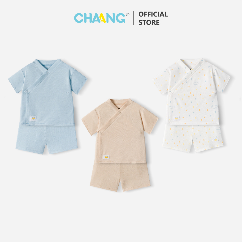 [CHAANG 0-12M] Bộ quần áo cộc tay Yakata Mưa có cúc chéo cho bé trai và bé gái