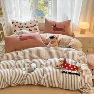 Bộ Chăn Ga Gối Cotton Đũi Thêu Mềm Mịn 4 Món - Họa Tiết Đáng Yêu Dệt Nổi - Đủ Kích Thước Đệm