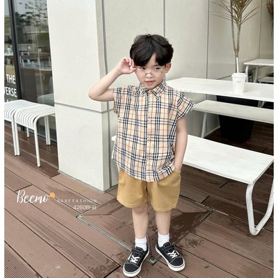 Set sơ mi Beemo hoạ tiết kẻ vải thô hàn thoáng mát cho bé trai từ 9-24kg 4260BHB