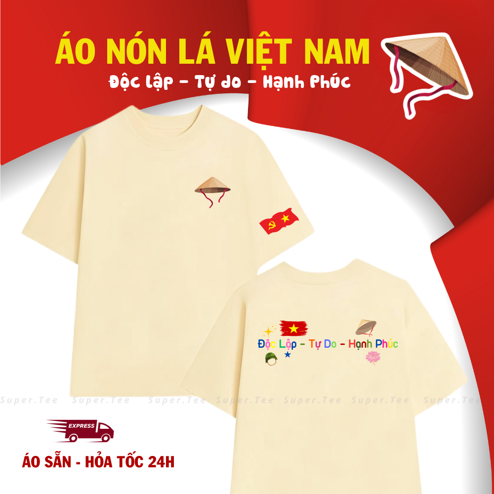 Áo thun nón lá Việt Nam in chữ Độc lập tự do hanh phúc màu be, trắng, đen chất cotton thoáng mát basic trẻ trung