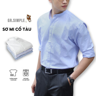 Áo Sơ Mi Nam Xanh Dài Tay OXFORD (GRSIMPLE) Sơ Mi Cổ Tàu Đi Biển Chất Dày Dặn Tự Nhiên, Thoáng Mát