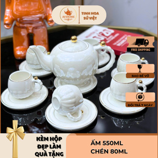 Bộ Ấm Chén Uống Trà Trắng Viền Vàng DKS J3-2A Sang Trọng Decor Tết