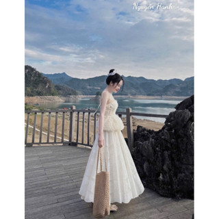  Set ÁO peplum & chân váy xoè voan TƠ ren hồ điệp 2 DÂY GỢN SÓNG váy maxi đi biển xoè dài bigsize cúp ngực dự tiệc LATIS 