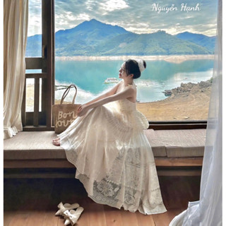 Set ÁO peplum & chân váy xoè voan TƠ ren hồ điệp 2 DÂY GỢN SÓNG váy maxi đi biển xoè dài bigsize cúp ngực dự tiệc LATIS