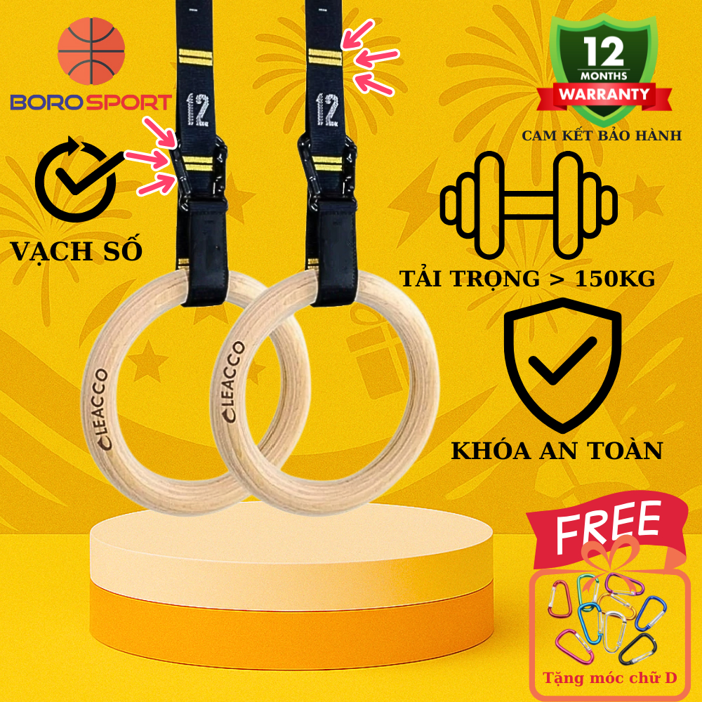 Vòng Treo Xà Bảo Hành 12 Tháng Vòng Tập Gymnastic Rings Dây Có Vạch Đo Khóa Cài Chắc Chắn Cleacco VT