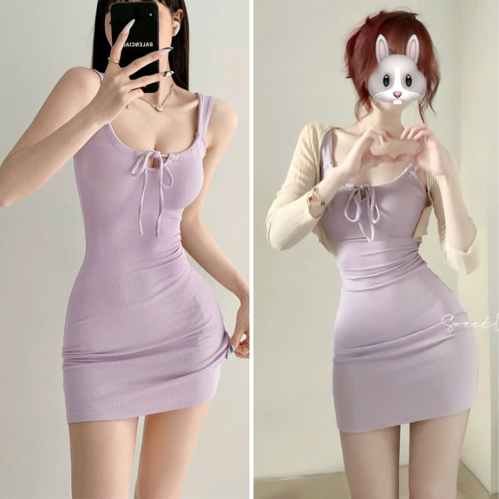 Đầm body 2 dây dáng ngắn mini màu tím pastel chất thun Hàn mềm mại V23 tôn dáng mặc được nhiều dịp