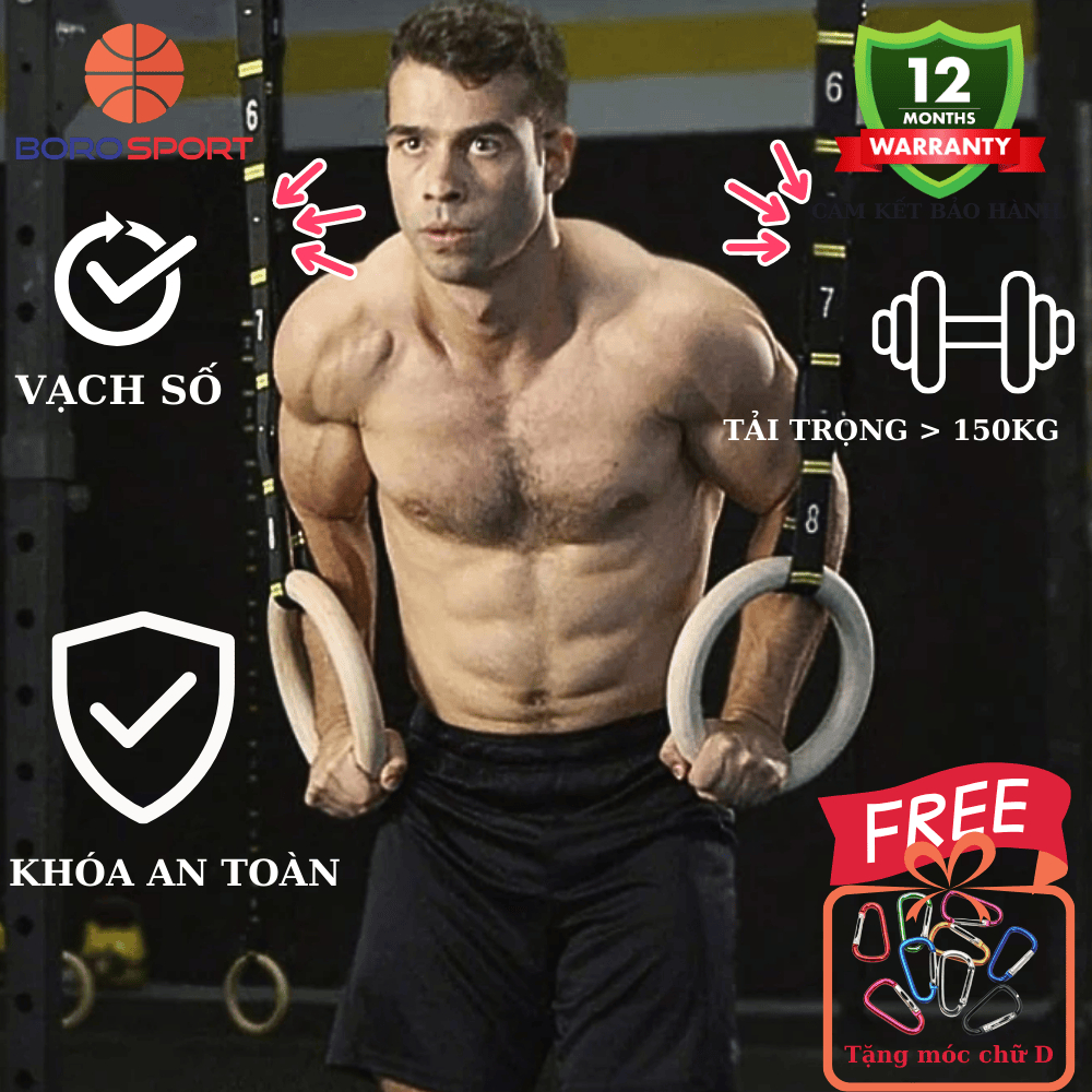 Vòng Treo Tập Gym Cleacco – Gymnastic Rings Có Vạch Đo, Khóa Cài Chắc, Dụng Cụ Tập Thể Lực Tại Nhà ,