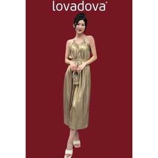 Đầm yếm maxi màu vàng gold kèm belt vải polyester Lovadova GD0701