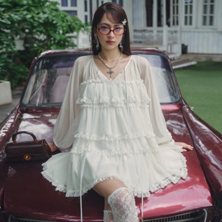  DARLING.ISM - Đầm form rộng tay dài nhún tầng Emina Dress vải kaki phối vải voan màu trắng kem 