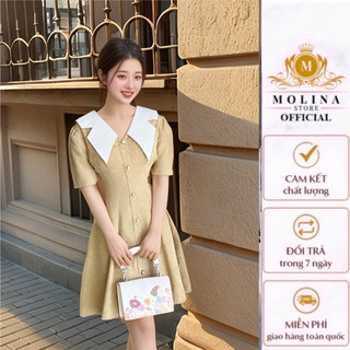 Đầm Nhung Cổ Trắng Thiết Kế Molina Dáng Ngắn Xòe Đính Khuy Dọc