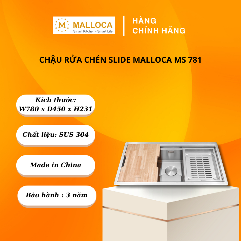 Chậu rửa chén Malloca Slide MS 781 Chất liệu Thép không rỉ 304, Độ dày 1.2mm - FEM