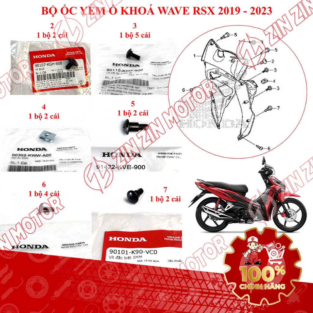 Bộ Ốc Dàn Áo Bắt Yếm Ốp Ổ Khóa Wave RSX 2019 2020 2021 2022 2023 90107-KGH-600, 90115-KW7-900 Chính 