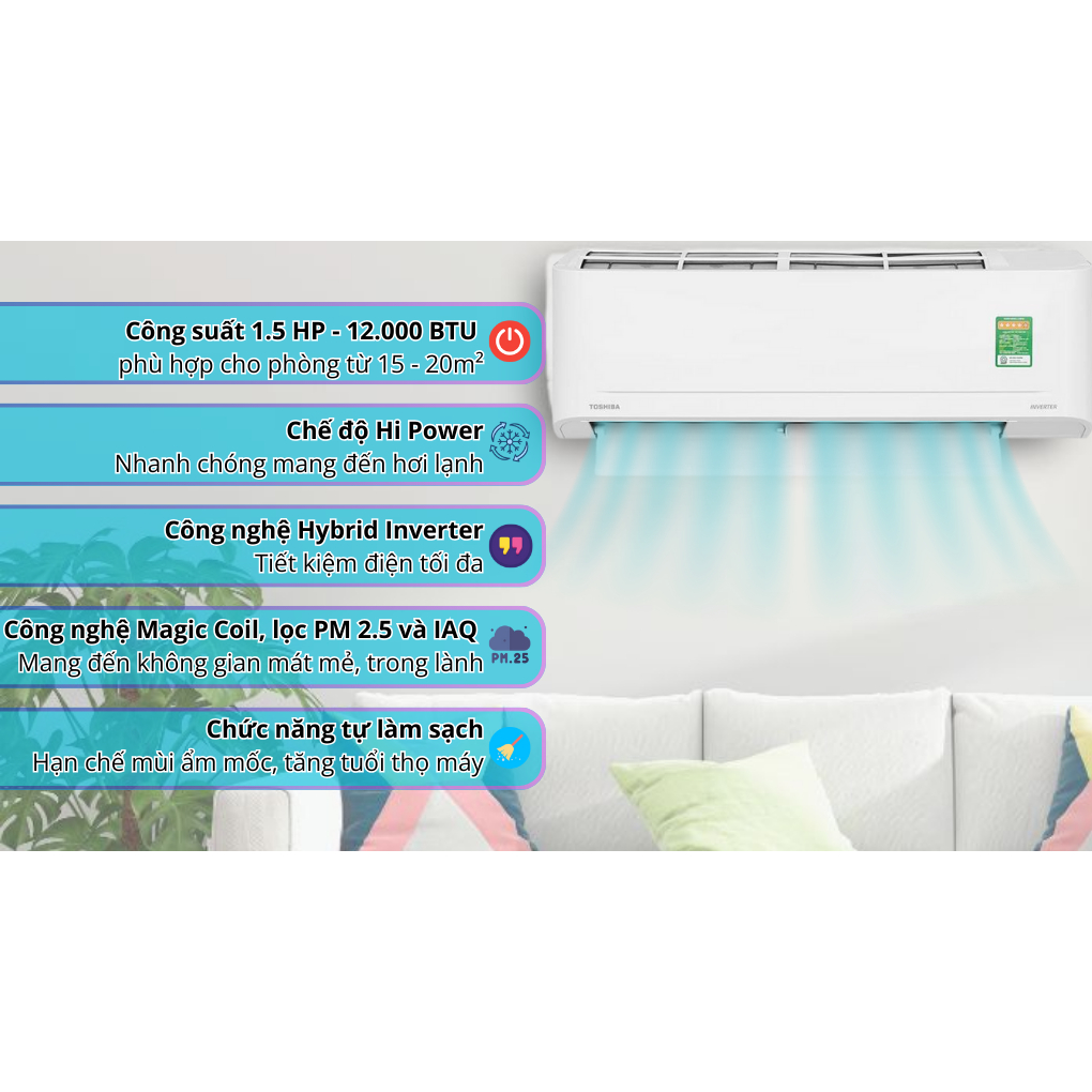 Máy lạnh Toshiba Inverter 1.5 HP RAS-H13S5KCV2G-V 2025 - Thái Lan