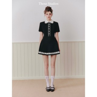  THOSE STUDIOS Đầm đen tiểu thư ngắn tay cổ sen xếp ly trang nhã thanh lịch Sophia Dress 