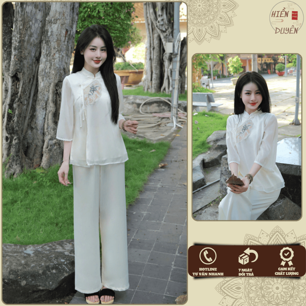 Bộ đồ đi chùa chất vải voan tơ 2 lớp thoáng mát, set đồ lam đi chùa thêu quạt thanh lịch và trang nh