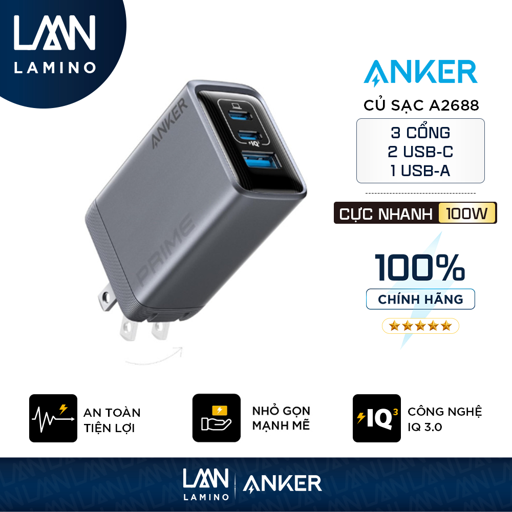Củ sạc nhanh Anker GaNPrime 100W - 3 cổng 2C1A sạc 3 thiết bị cùng lúc - hỗ trợ PD/PPS 2.0 - A2688