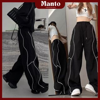 Quần dù ống rộng dây rút, quần dài dù jogger đen phối viền trắng form rộng unisex nam nữ ống rộng retro Manto Shop