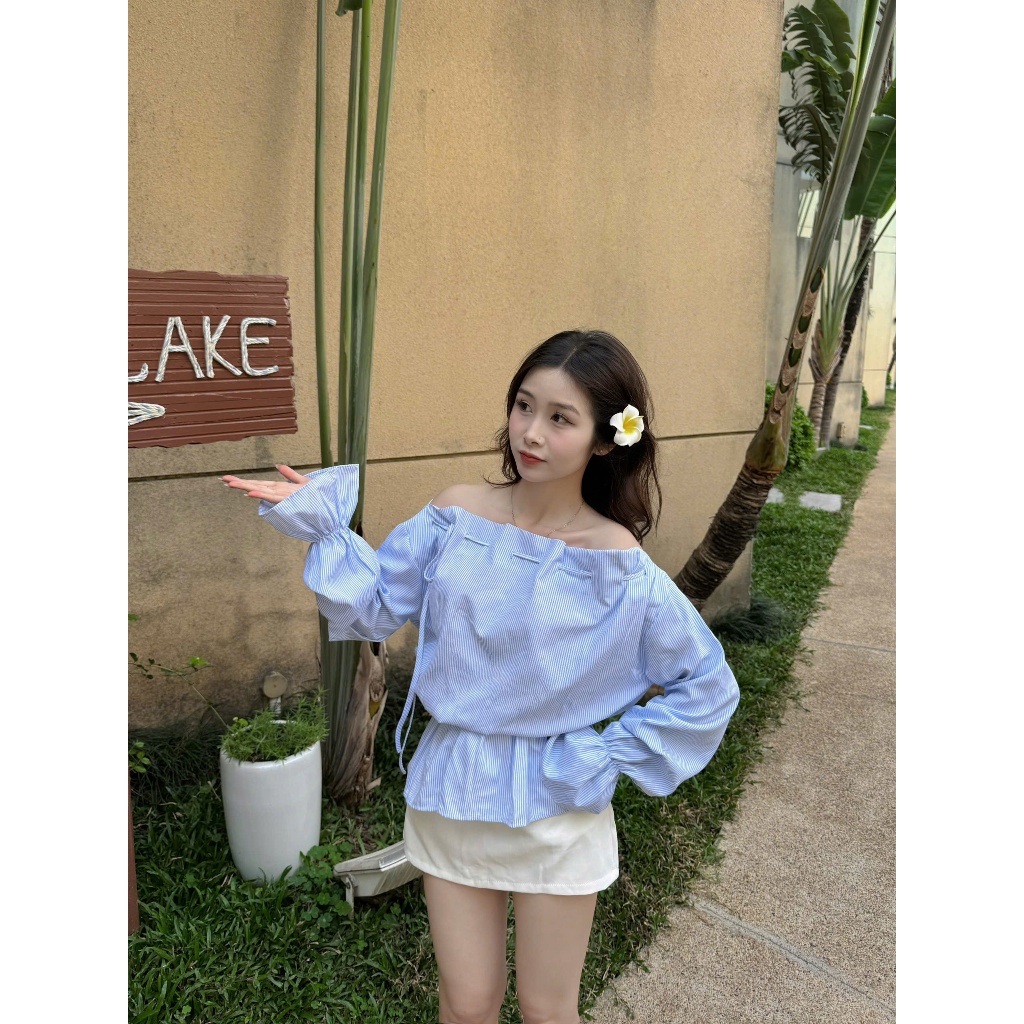 Áo kiểu nữ Timo, Áo sơ mi trễ vai kẻ sọc phong cách thanh lịch chất vải mềm mại thoáng mát  AOT208 | BigBuy360 - bigbuy360.vn