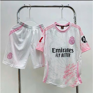 Quần Áo Đá Bóng , Đồ Đá Banh, Nam Nữ Bộ Bóng Đá Real Rồng Màu Trắng Hồng Vải Thun Thái - Có In Tên