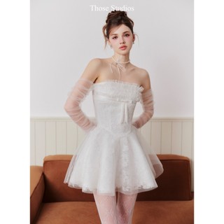  THOSE STUDIOS Đầm trắng xoè cúp ngực kèm tay lưới sang trọng yêu kiều Mira Dress 