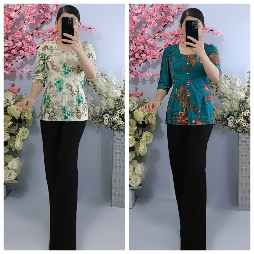 Bộ Lẻ (Áo Bà Ba Bông Cổ Vuông + Quần Đen Rộng)