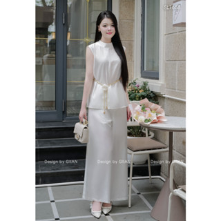 Set đồ nữ Giian thiết kế áo dáng suông cổ tròn không tay cách điệu phối quần ống đứng vải tơ nhăn cao cấp SL1658