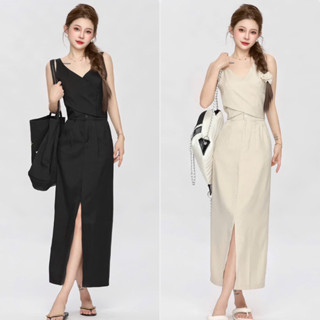 Set áo hai dây vạt chéo chiết eo, Chân váy dáng dài xẻ tà tôn dáng Hbcloset S2