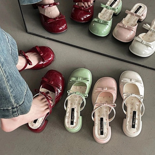 Sục, sandal nữ cao gót mũi tròn quai ngang da trơn bóng đính nơ Hàng chuẩn QC