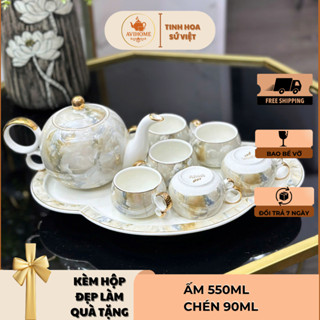 Bộ Ấm Chén Sứ Uống Trà Kèm Khay Xoay Vân Đá Sang Trọng DeCor Tết Phòng Khách ( Y48-2)