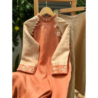  Set Áo dài Linen cam thêu ngực và tay_SE967 