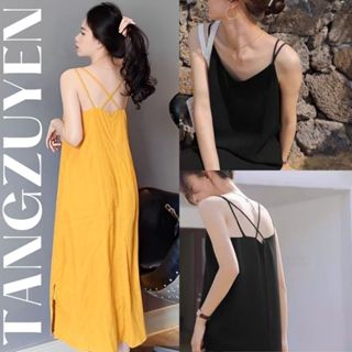 Váy 2 dây dáng dài đan dây lưng xinh xắn vàng đen đi biển du lịch Đầm nữ dáng rộng suông hè thu maxi cute T627G