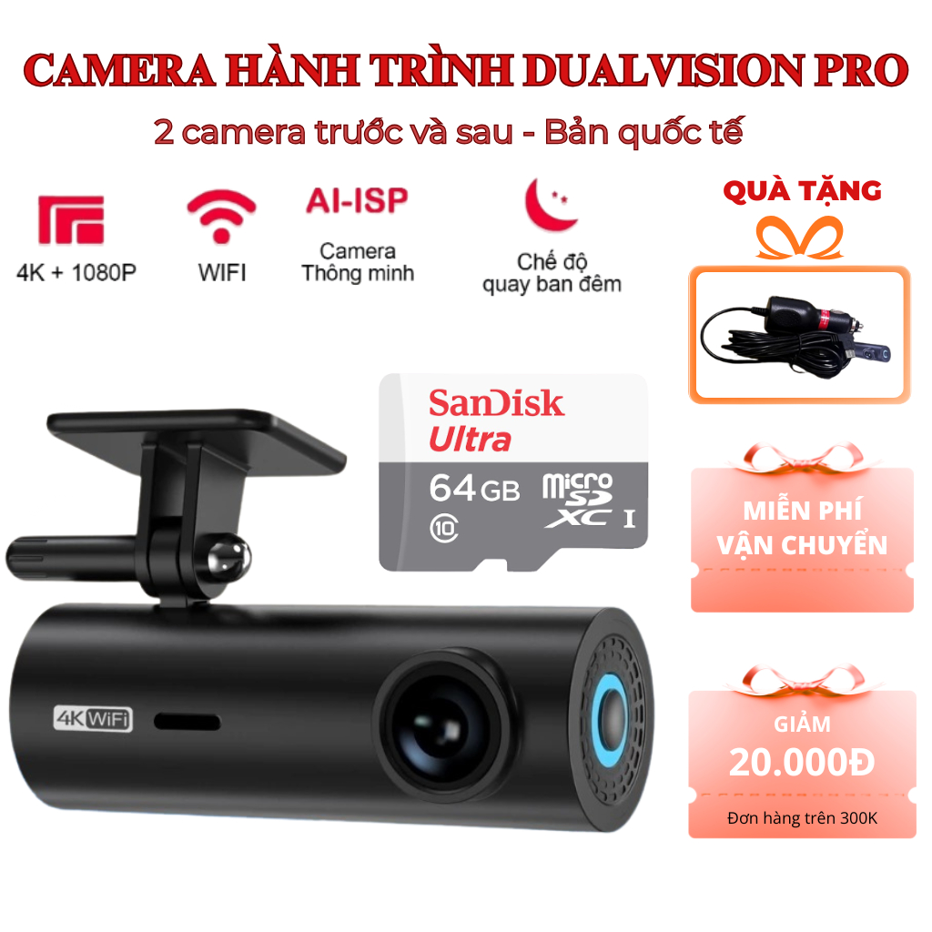 Camera hành trình KAW DualVision Pro 4K WiFi không màn hình 2160P HD tầm nhìn ban đêm 3M