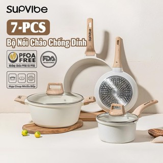  SUPVIBE Bộ 4 nồi chảo đá chống dính dùng cho bếp từ,bếp ga,bộ chảo rán,chảo xào,nồi canh,kháng khuẩn 