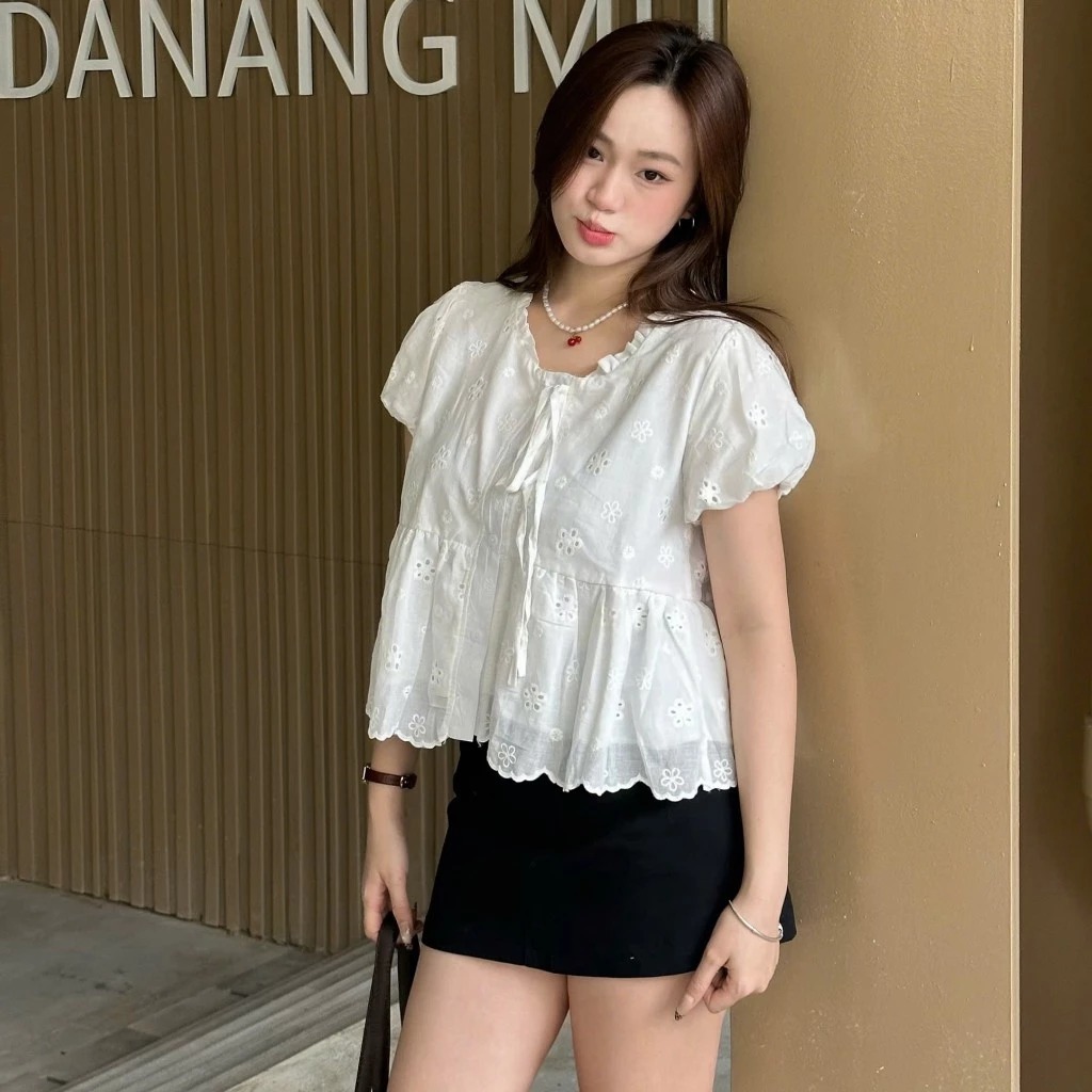 Áo babydoll AIMEE thô boil phối cổ bèo tay bồng #499 HAVANA AO417