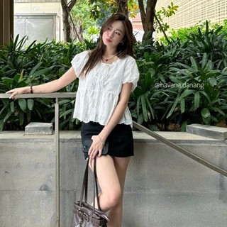 Áo babydoll AIMEE thô boil - Áo sơ mi nữ  HAVANA phối cổ bèo tay bồng