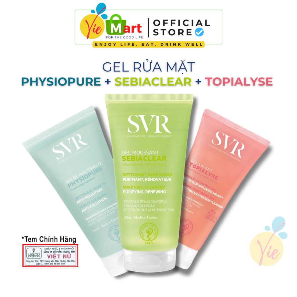 Gel Rửa Mặt SVR - Sữa Rửa Mặt Cho Da Dầu Sebiaclear & Da Khô Topialyse & Da Nhạy Cảm Physiopure 55mL