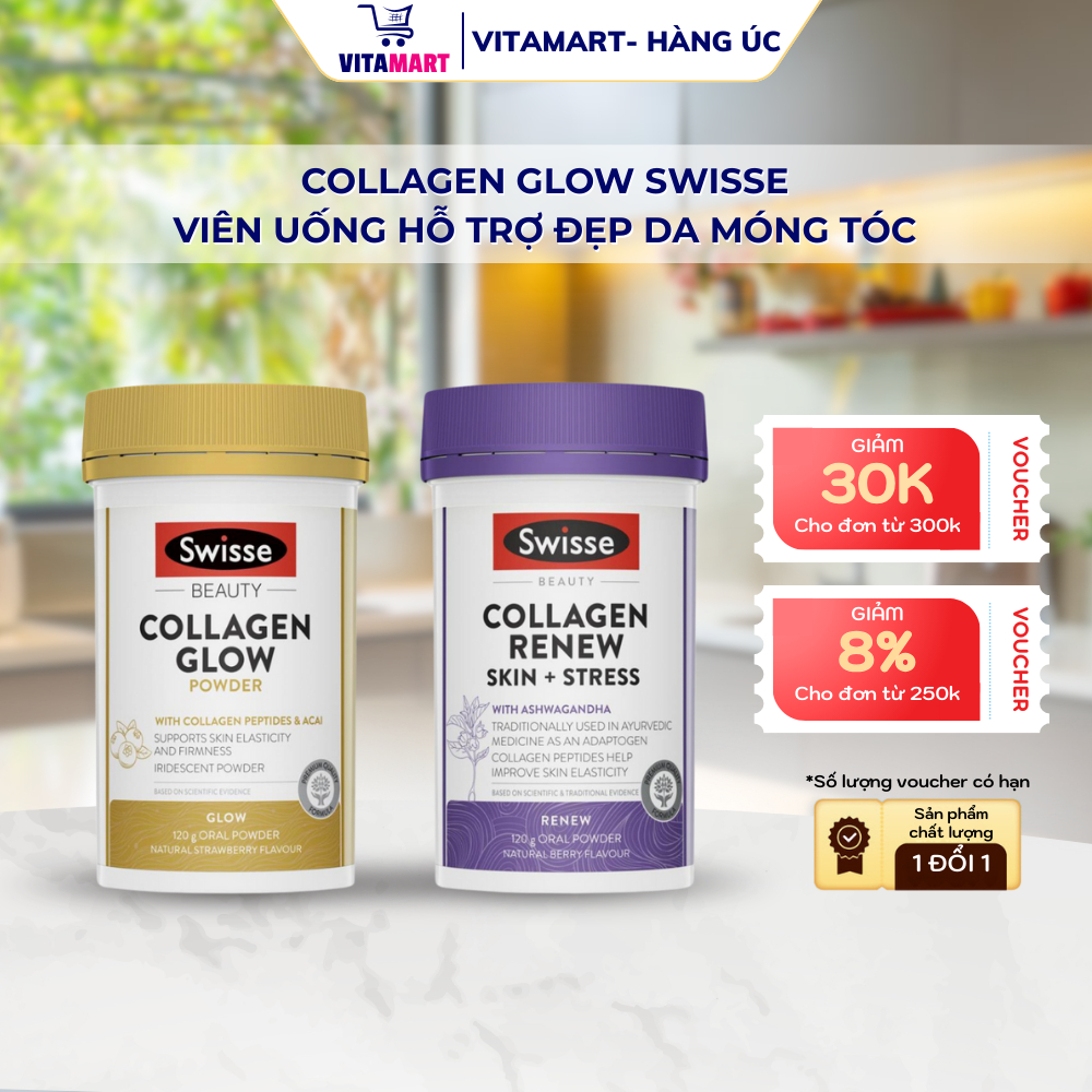 Viên uống đẹp da móng tóc collagen glow swisse 60 viên, 120 viên úc, swisse beauty collagen glow wit
