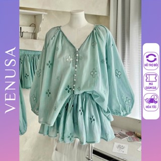 Set bộ nữ BIGSIZE màu xanh ngọc áo kiểu sơ mi cách điệu mix chân váy có lót bảo hộ mặc đi chơi du lịch Venusa Store